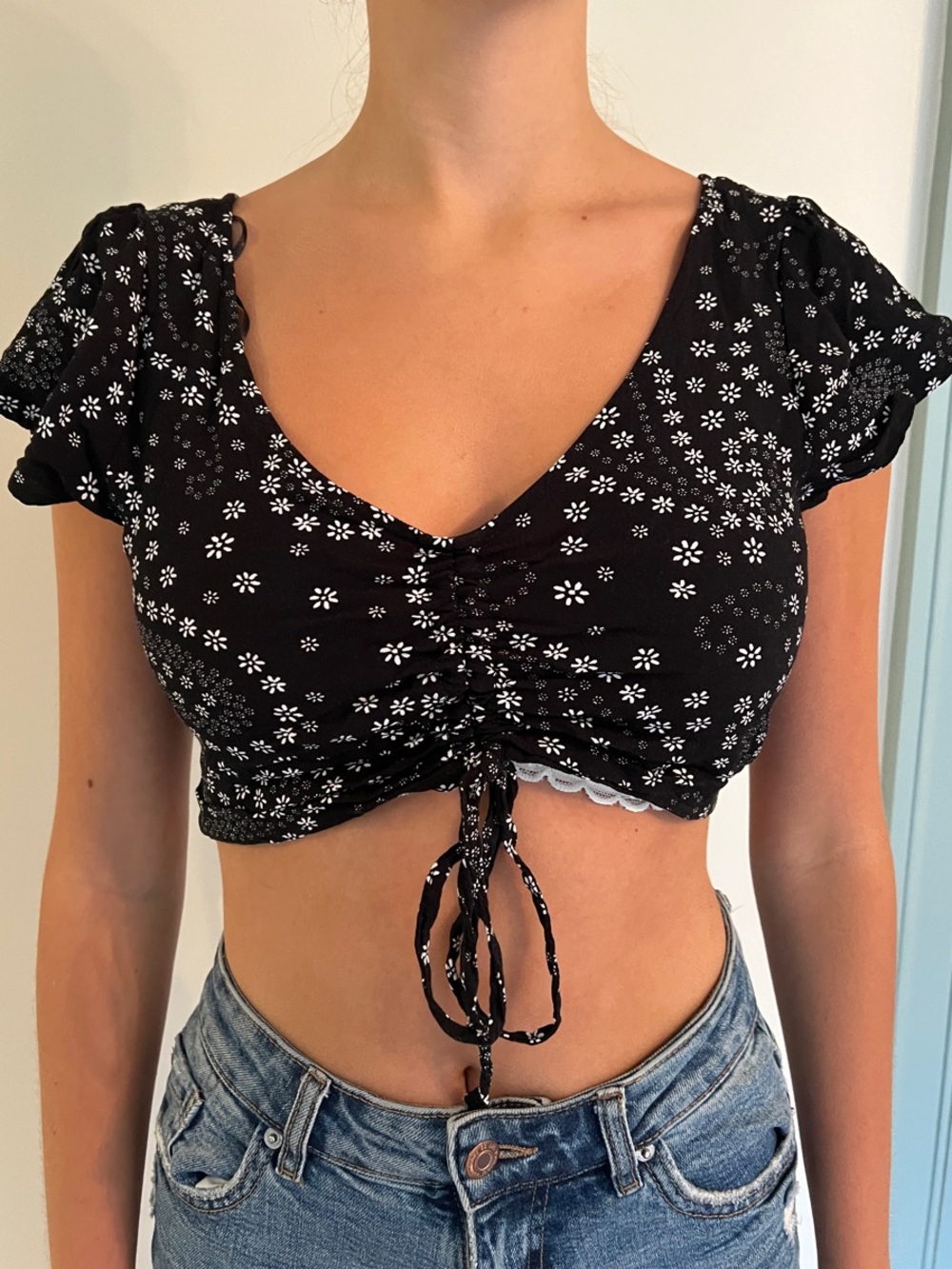 Garage - Black Floral Drawstring Crop Top - Women